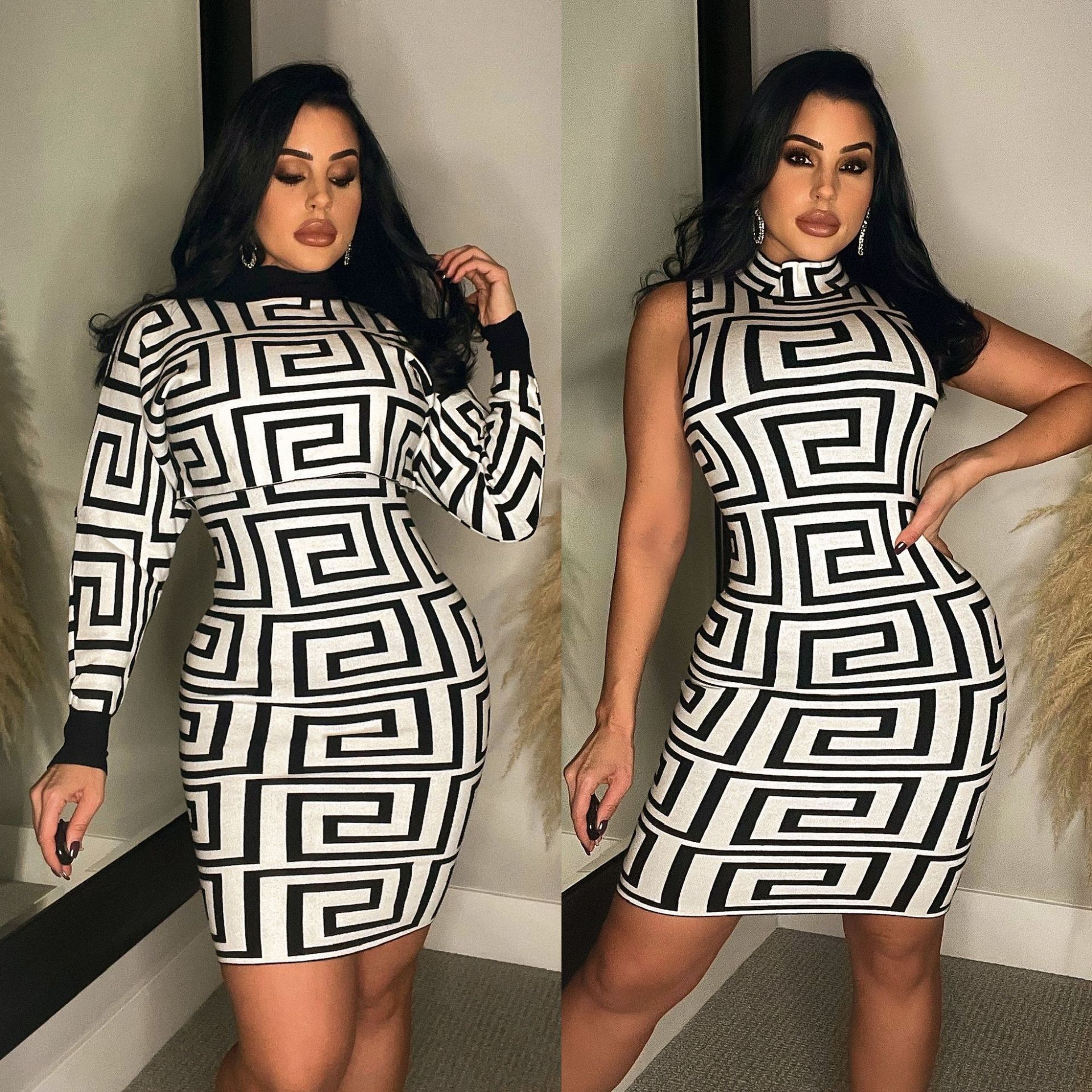All-Over Print Women's High Neck Dress With Long Sleeve