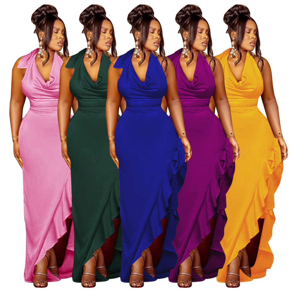 Swing neck ruffle split dress