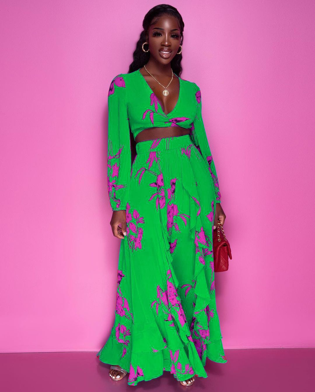 Casual Irregular Color Block Printed V-Neck Long-Sleeved Dress