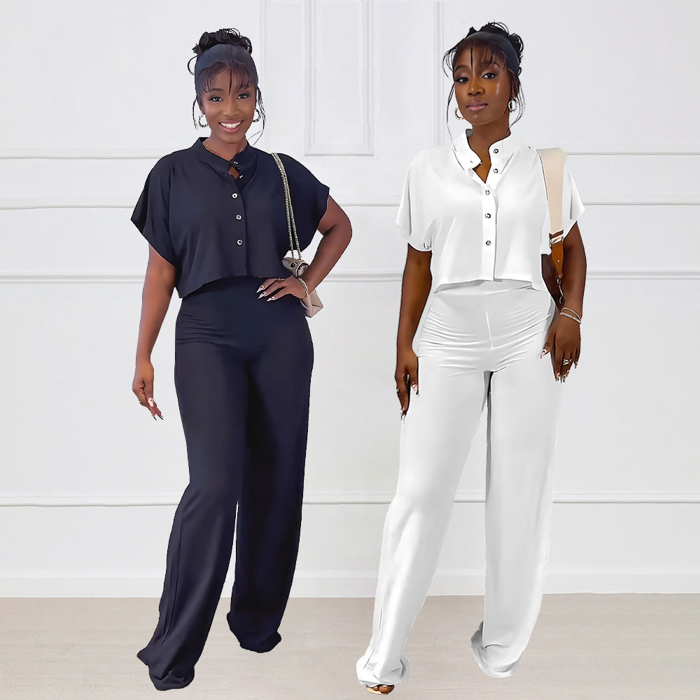 Solid color shirt straight leg pants set