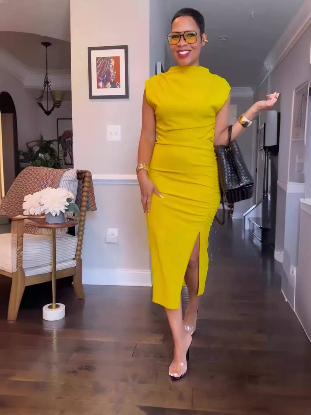 Deep V Pleated Slit Solid Color Dress