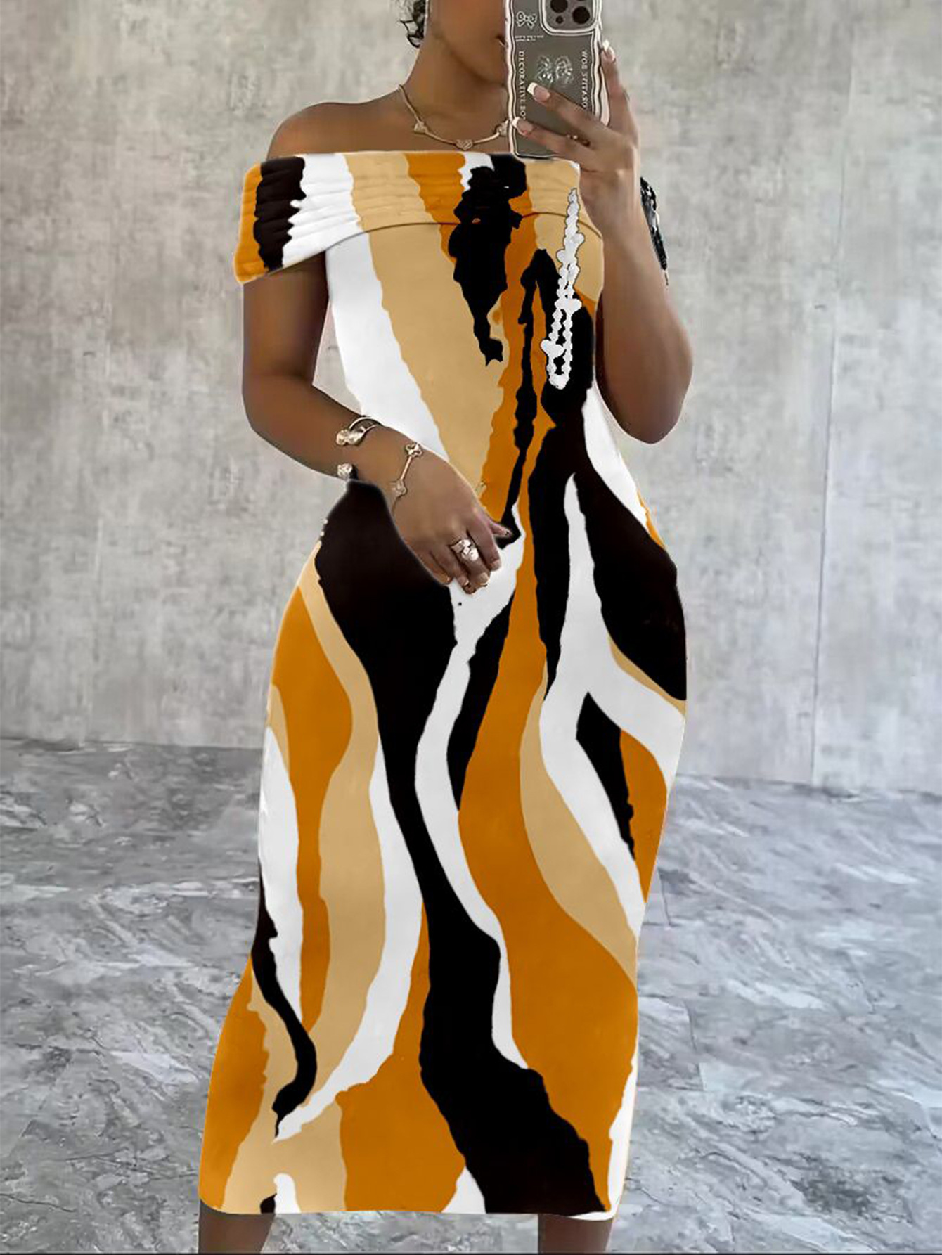 Long Sleeve Off Shoulder Print Dress
