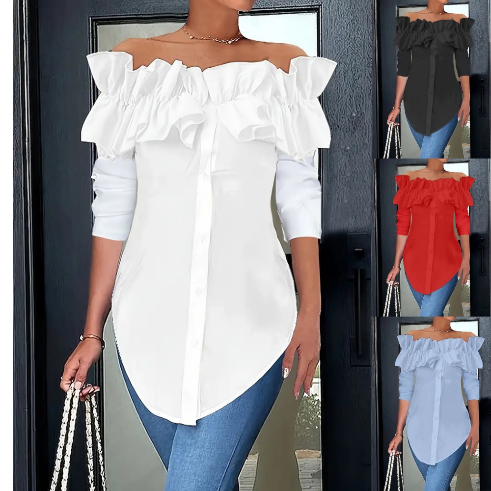 Solid color one shoulder lotus leaf edge shirt top